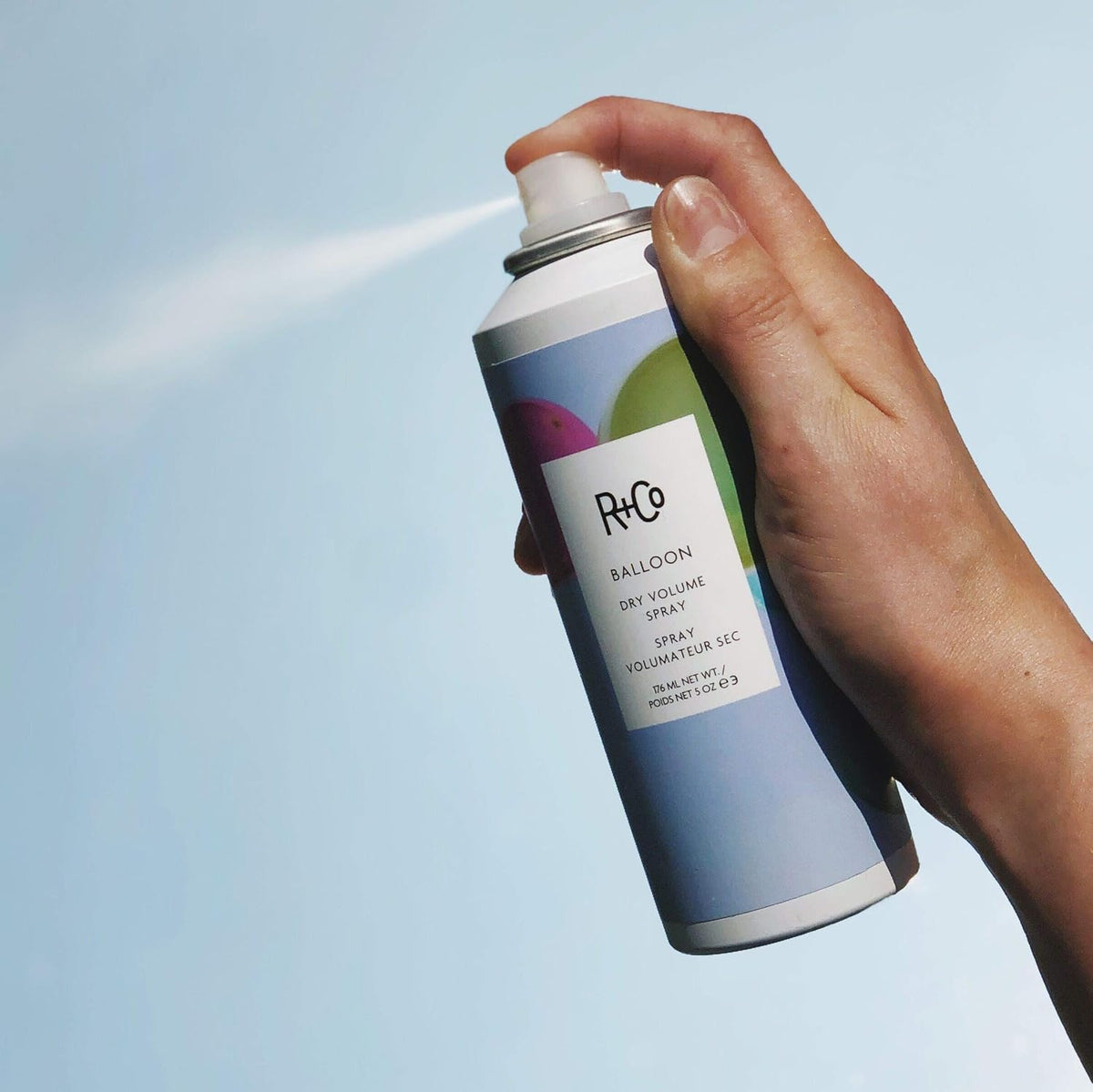R+Co Balloon Dry Volume Spray creates texture and buoyant volume.