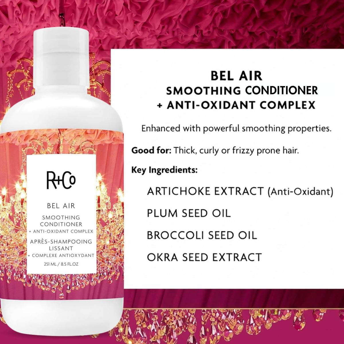 R+Co Bel Air smoothing conditioner studio shot emphasizing premium, sulfate-free formula.