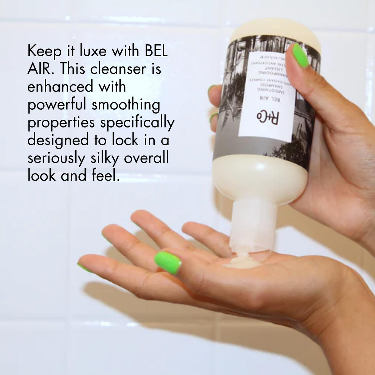 R+Co Bel Air smoothing shampoo lather creating a clean base and soft, manageable hair
