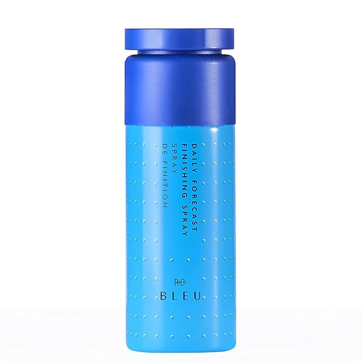 R+Co BLEU finishing spray bottle shows all-day hold and protection for the final look.