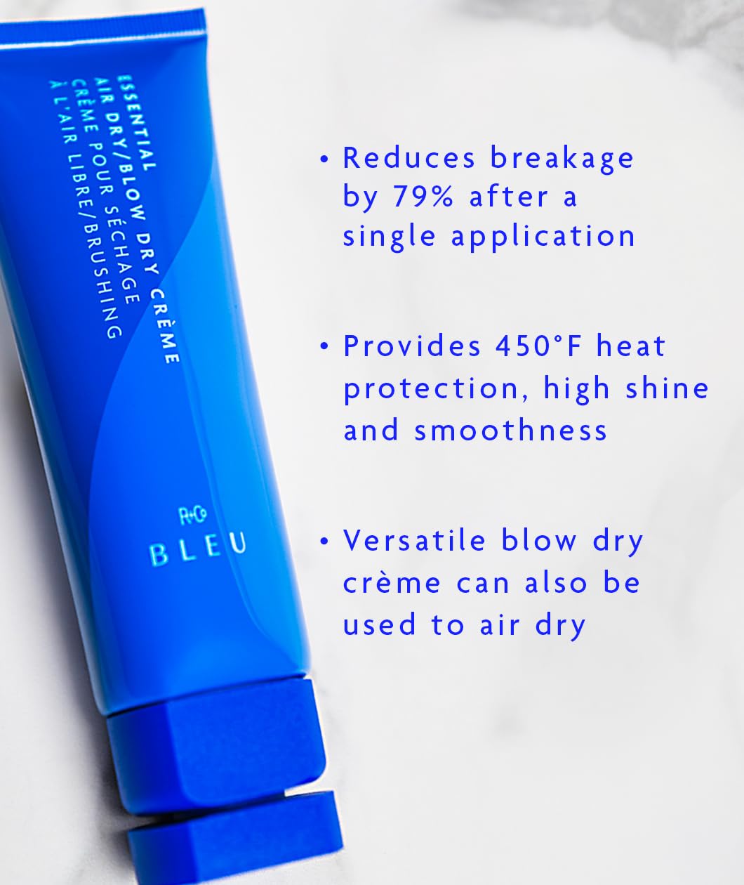 R+Co BLEU applied to damp hair for smoother strands.