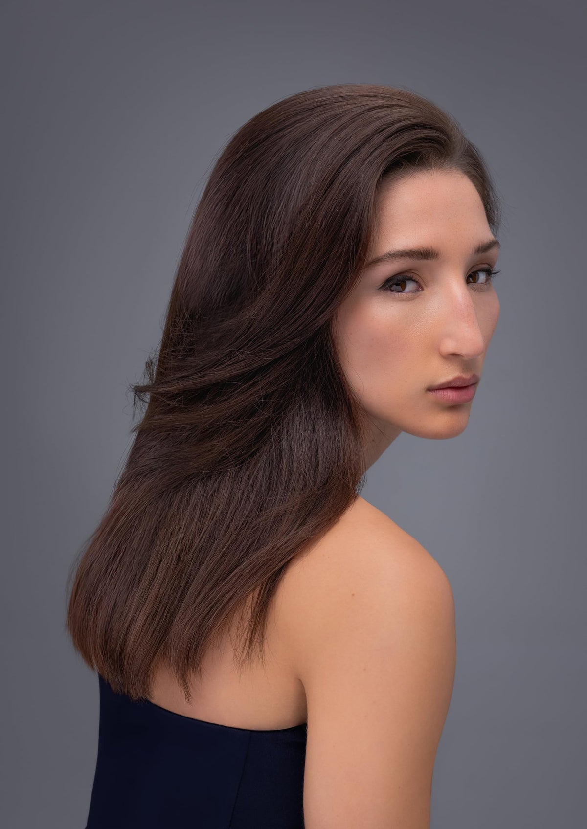 R+Co BLEU shine on smooth, polished hair.