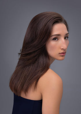 R+Co BLEU shine on smooth, polished hair.