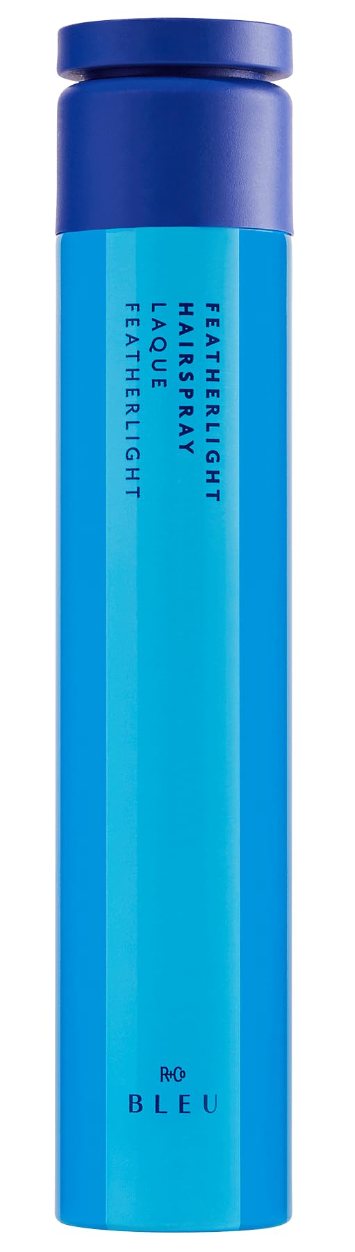 R+Co BLEU featherlight hairspray bottle close-up showing premium packaging and design