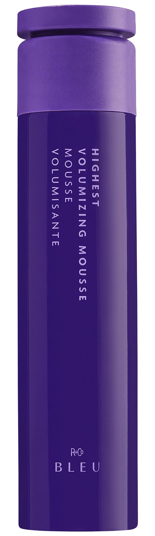 R+Co BLEU mousse bottle close-up showing weightless lift and volume