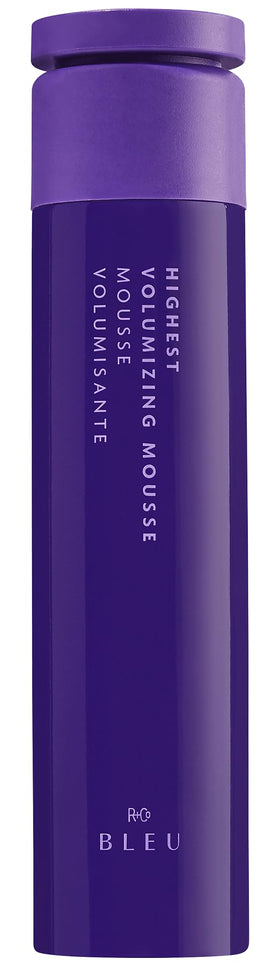 R+Co BLEU mousse bottle close-up showing weightless lift and volume