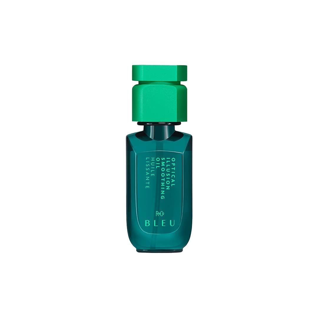 R+Co BLEU Optical Illusion Smoothing Oil bottle showing sleek shine