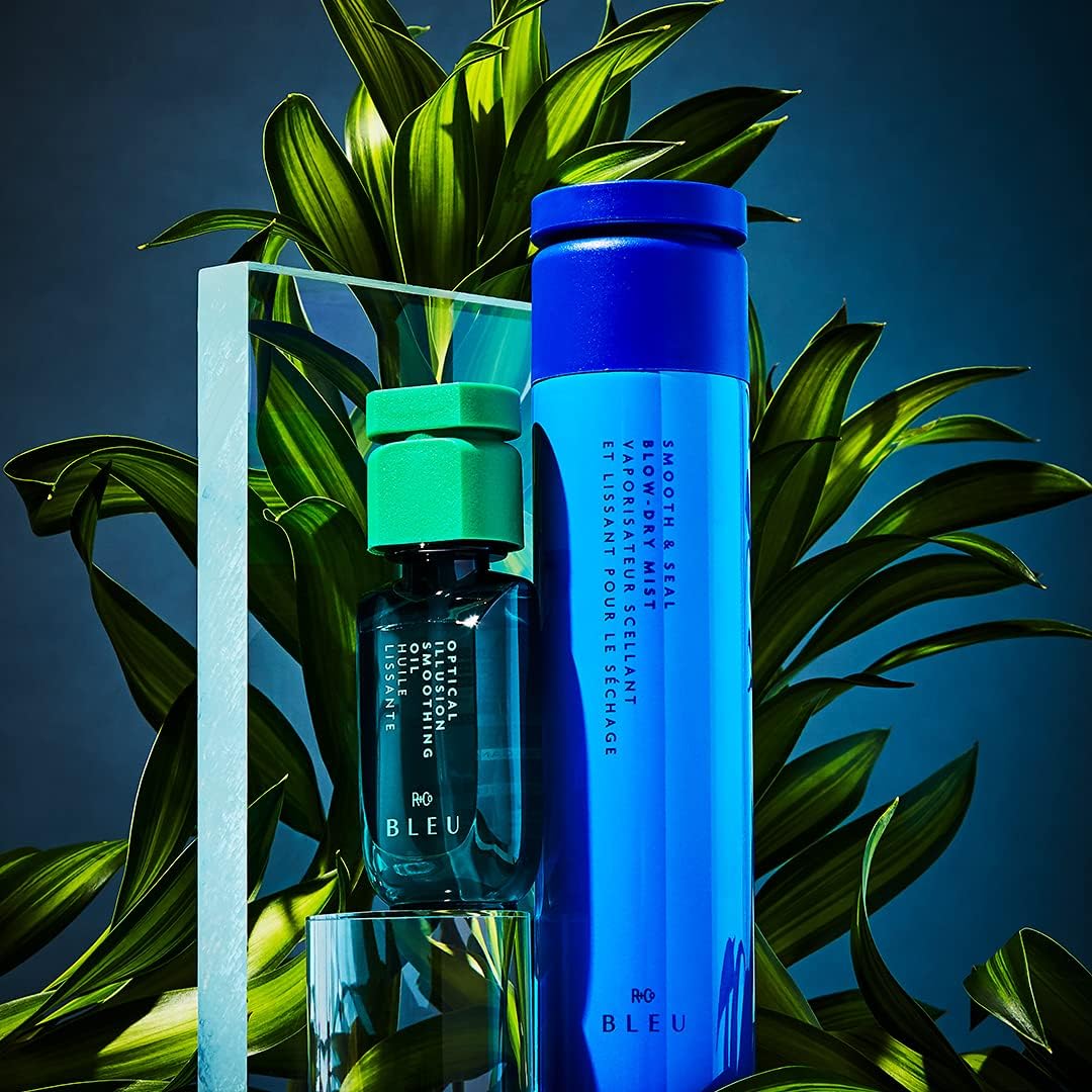 Close-up of BLEU oil bottle highlighting lightweight nourishing formula
