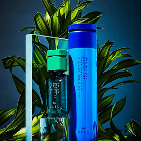 Close-up of BLEU oil bottle highlighting lightweight nourishing formula