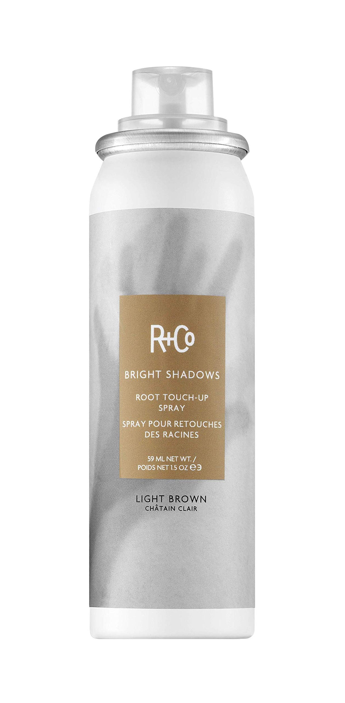 R+Co Bright Shadows light brown root touch-up spray for seamless color refresh between appointments