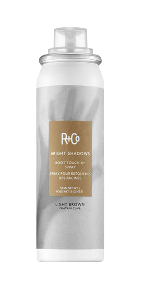 R+Co Bright Shadows light brown root touch-up spray for seamless color refresh between appointments