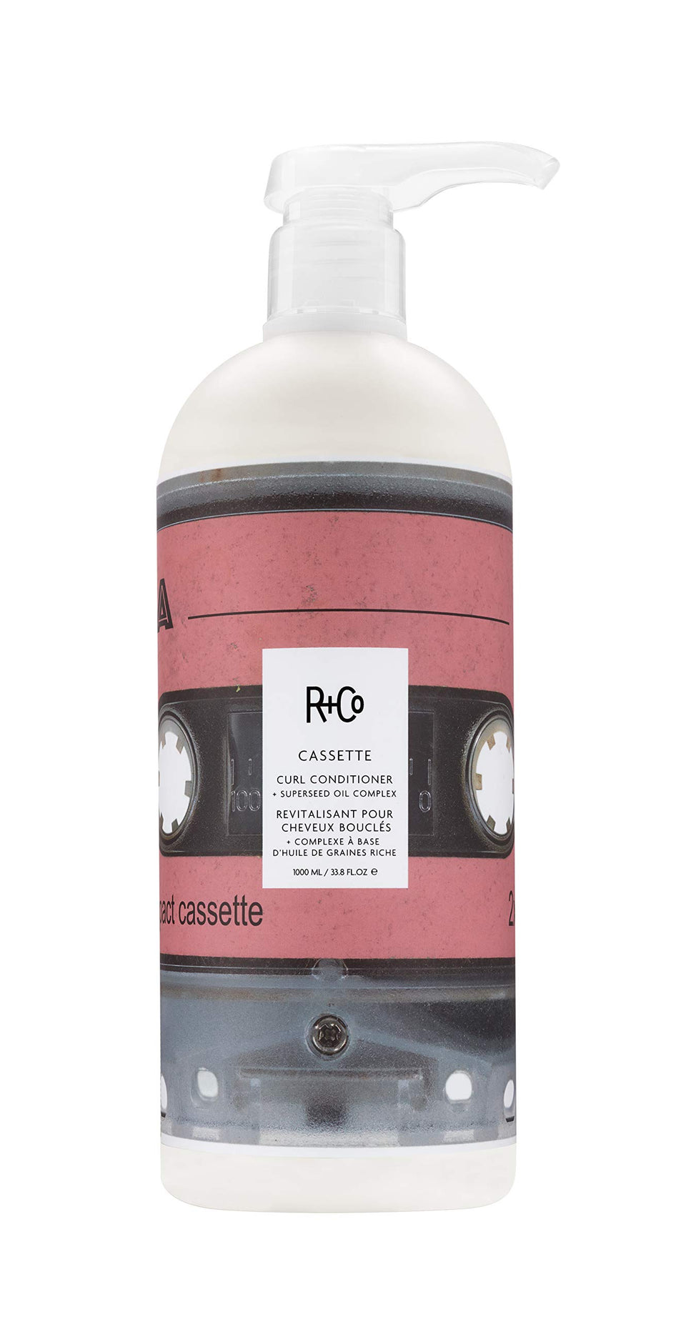 R+Co Cassette bottle front view, humidity-blocking conditioner for defined curls.