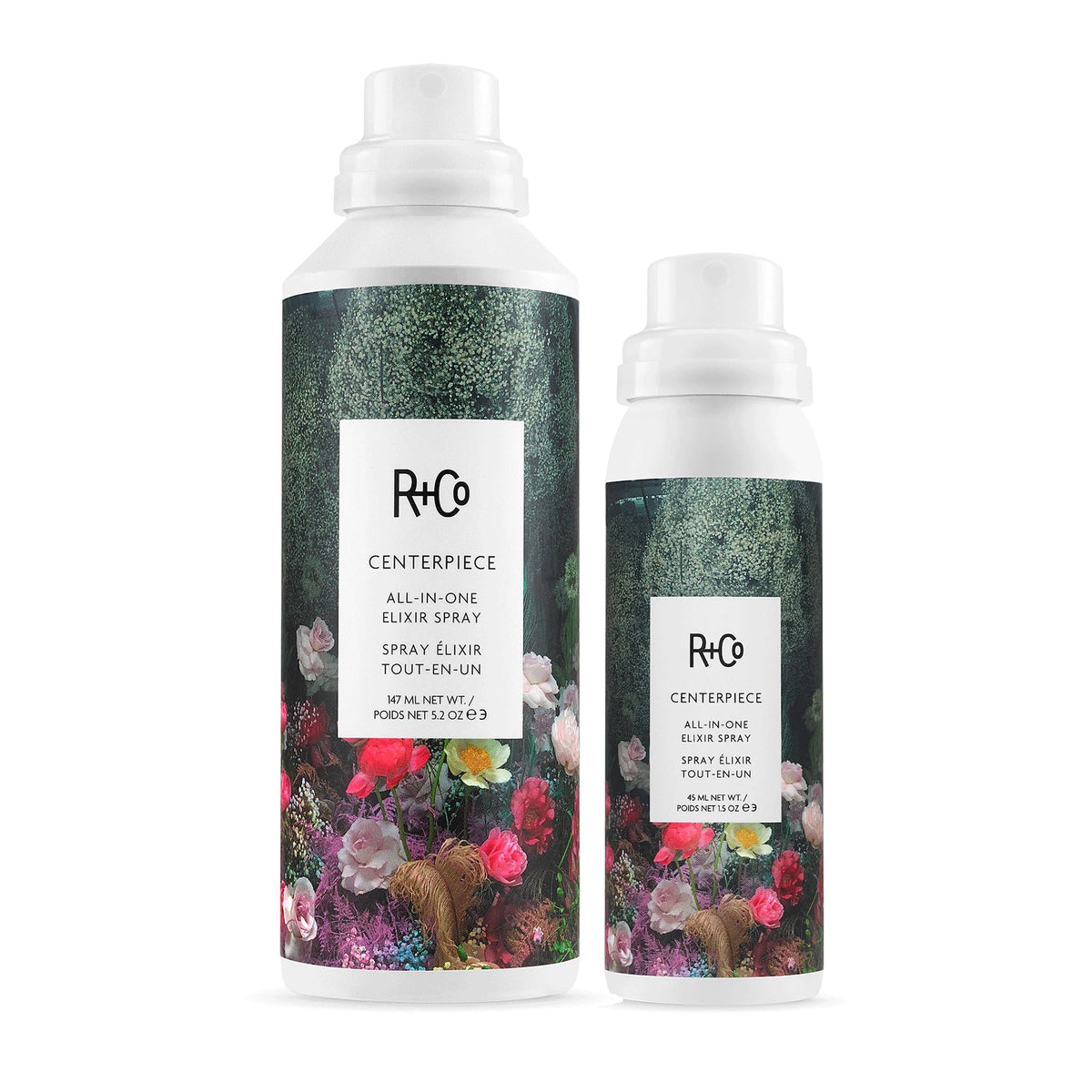 R+Co Centerpiece Elixir Spray bottle pour offers hydration and heat protection for all hair types.