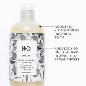 R+Co Dallas thickening shampoo bottle pour close-up showing easy application