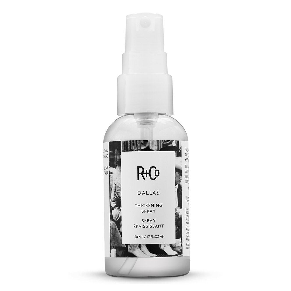 R+Co Dallas Thickening Spray travel bottle pour for root lift and enhanced shine.
