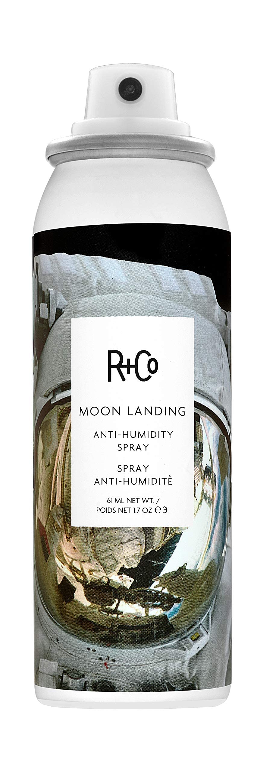 R+Co Moon Landing spray bottle delivering frizz control in humidity.