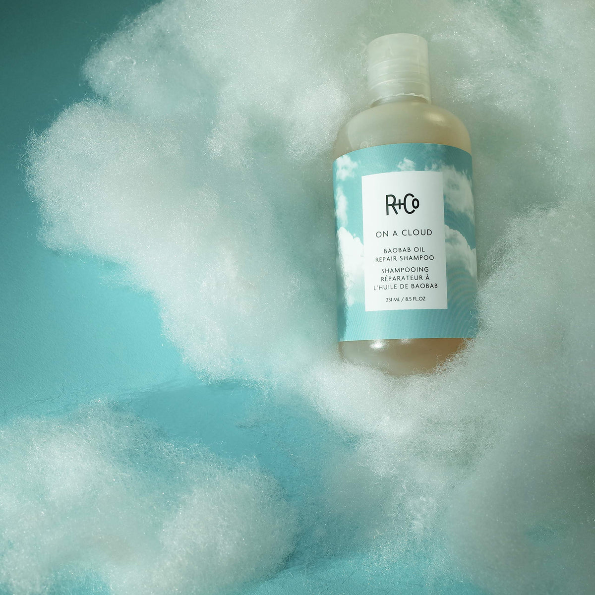 R+Co On A Cloud Baobab Repair Shampoo showcases moisture infusion for nourished strands.