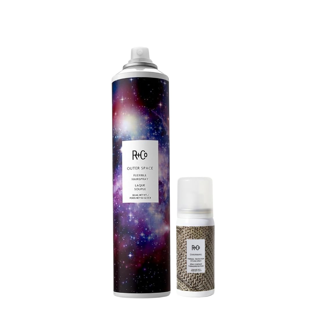 R+Co Outer Space hairspray bottle demonstrating flexible hold for everyday styling