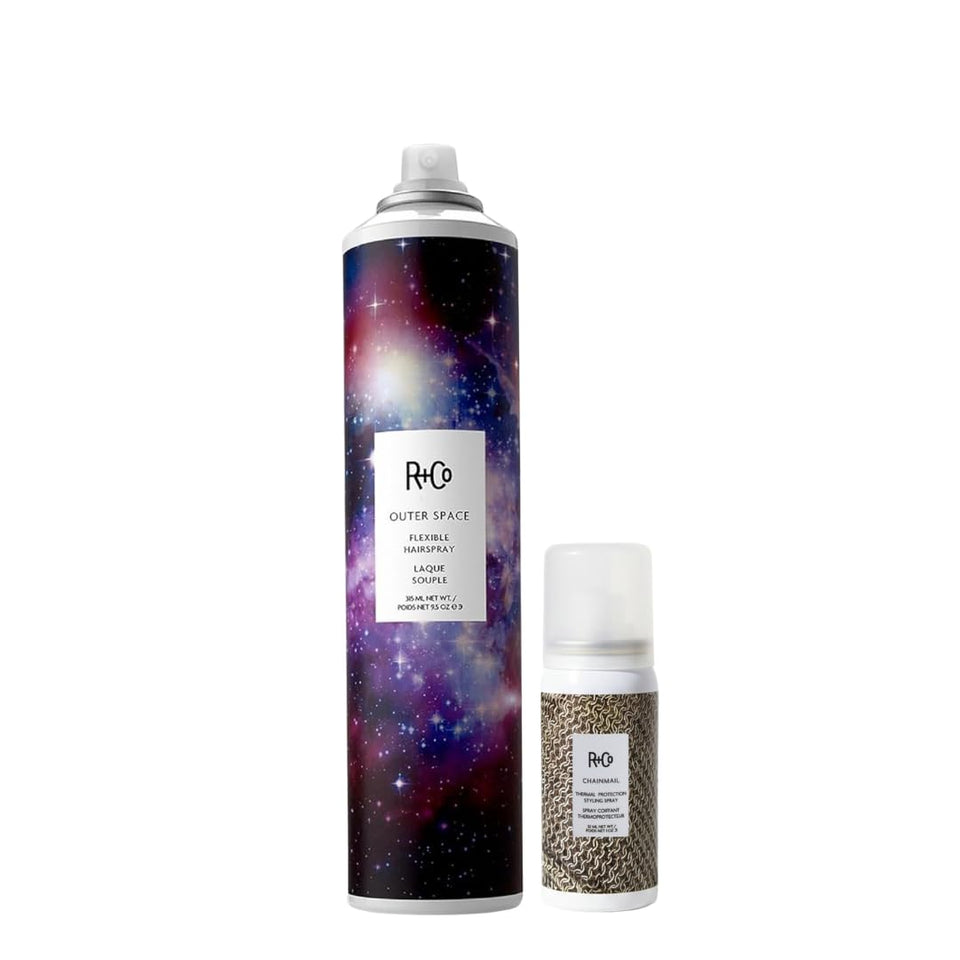 R+Co Outer Space hairspray bottle demonstrating flexible hold for everyday styling