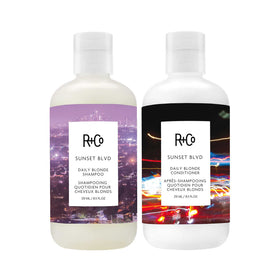 R+Co Sunset Blvd shampoo bottle showing brightening action for blondes.