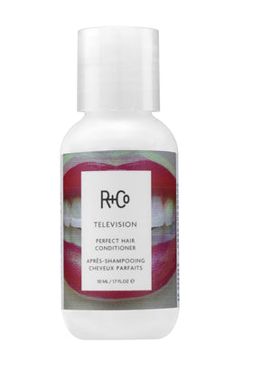 R+Co Television Perfect Hair Conditioner bottle showing body and shine benefits.