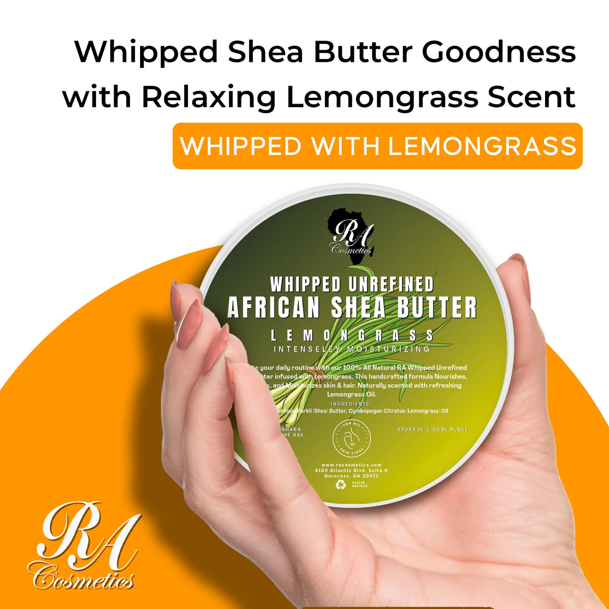 RA COSMETICS lemongrass-infused whipped shea butter applied to skin.