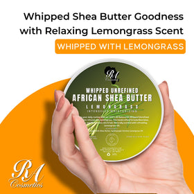 RA COSMETICS lemongrass-infused whipped shea butter applied to skin.