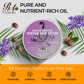 RA COSMETICS premium unrefined-shea in gleaming tub highlights natural composition.