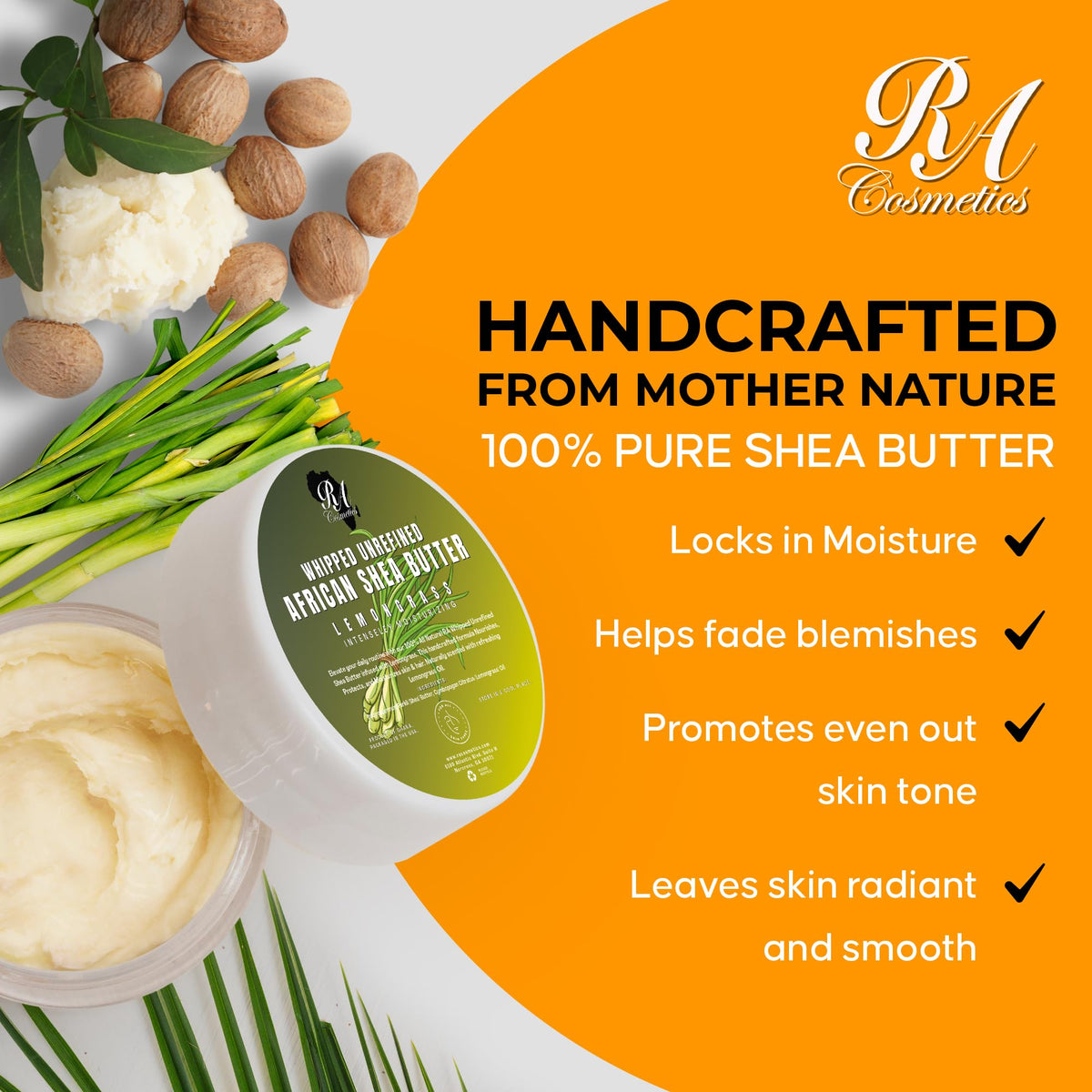 RA COSMETICS Ghana-origin shea butter texture closeup shows rich cream.