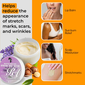RA COSMETICS lavender-scented butter on elbow for dry-skin relief.