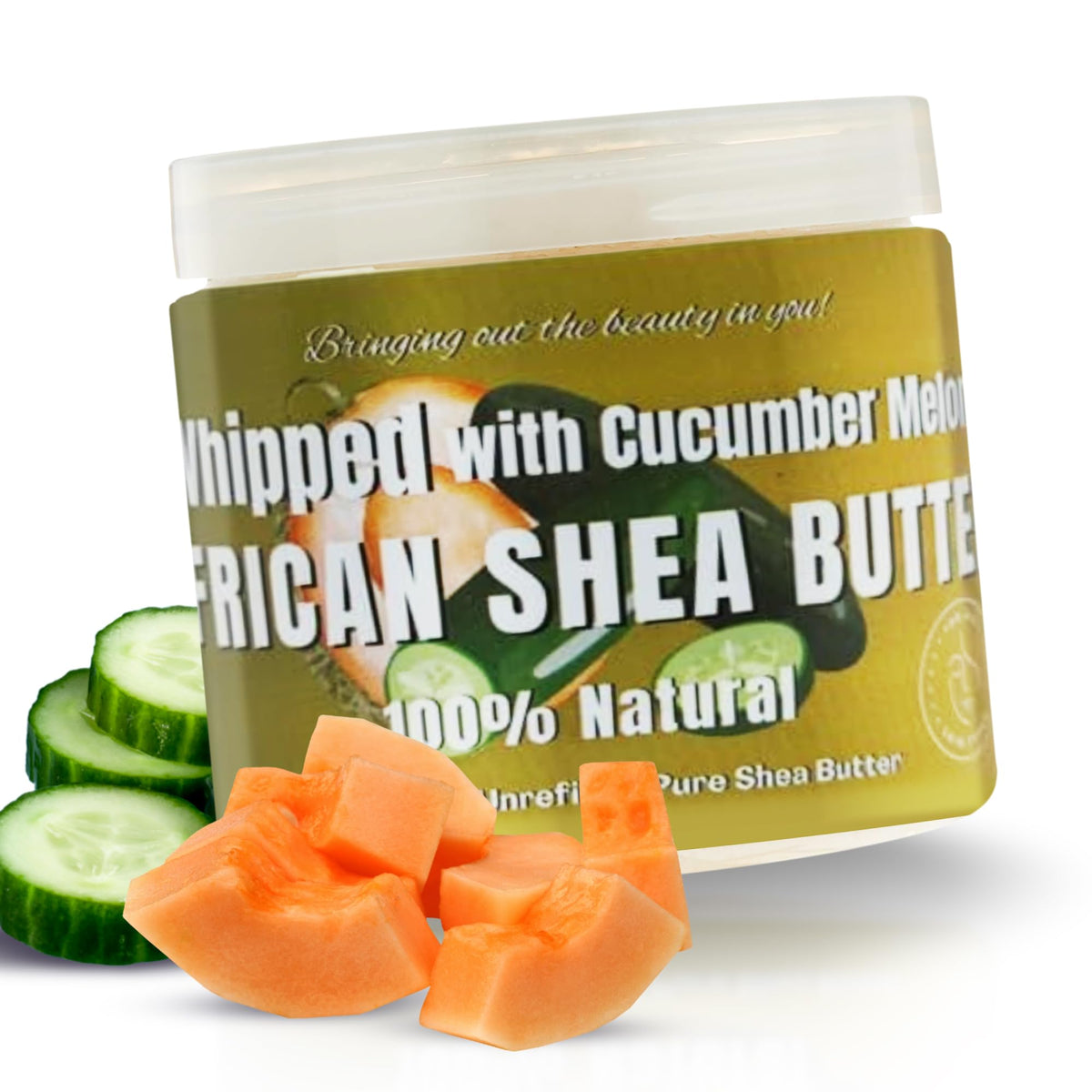 RA COSMETICS whipped shea butter bottle shows cucumber-melon infusion for nourished skin
