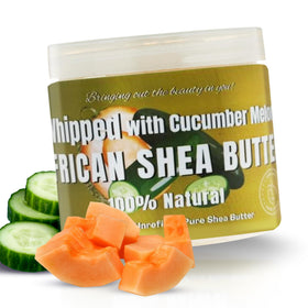 RA COSMETICS whipped shea butter bottle shows cucumber-melon infusion for nourished skin