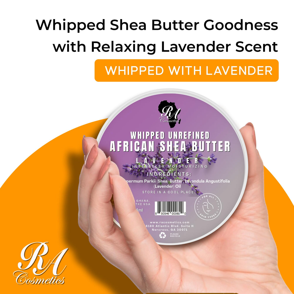 RA COSMETICS whipped-shea-butter lavender-texture close-up shows creamy hydration.