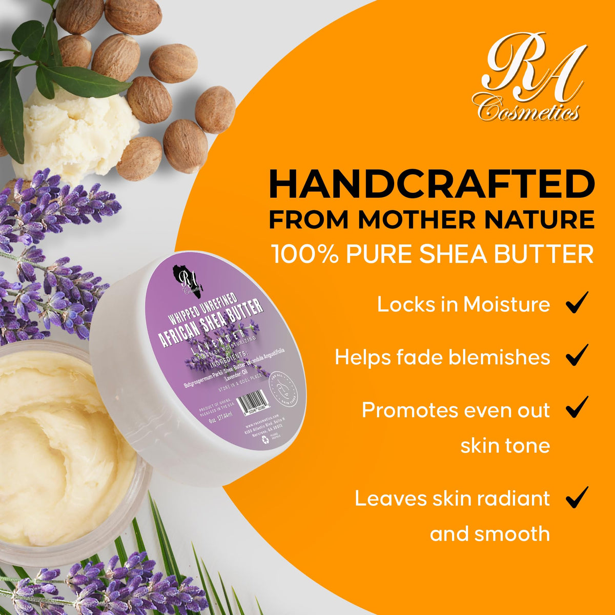 RA COSMETICS whipped-shea-butter lavender-tub in hand for daily use.