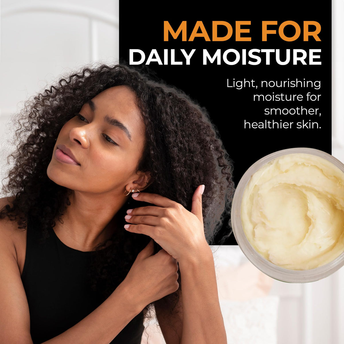 Hands applying RA COSMETICS whipped shea butter to dry skin.