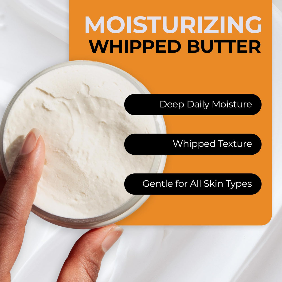 Texture close-up shows silky, melt-in consistency for quick absorption and softness.