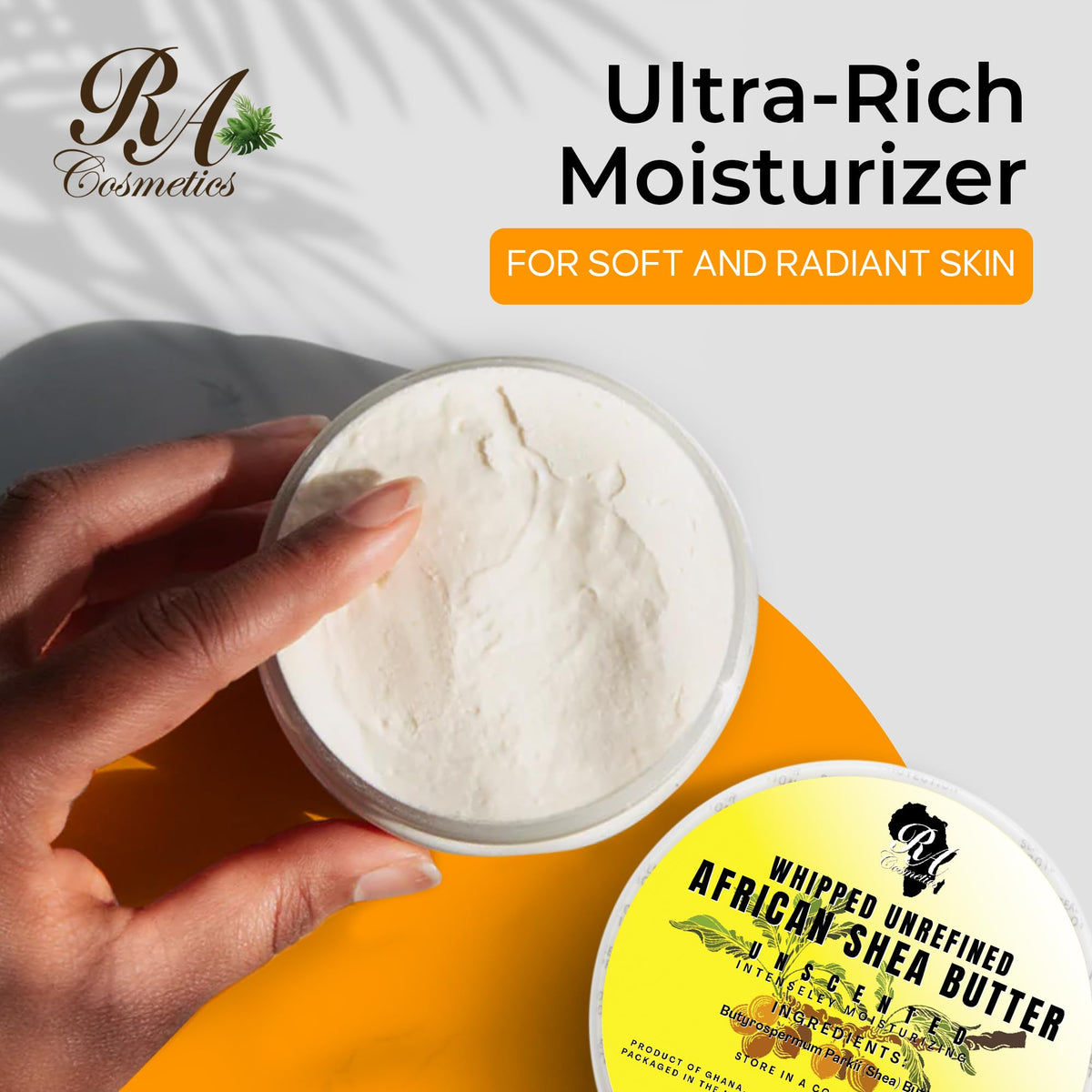 RA COSMETICS whipped unscented shea butter spreads smoothly for daily skin nourishment