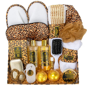 RA Rosa Acca leopard gift box showing a premium spa set for gifting