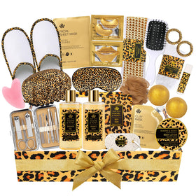 RA ROSA ACCA 33-piece spa gift basket in leopard box for luxurious at-home pampering.