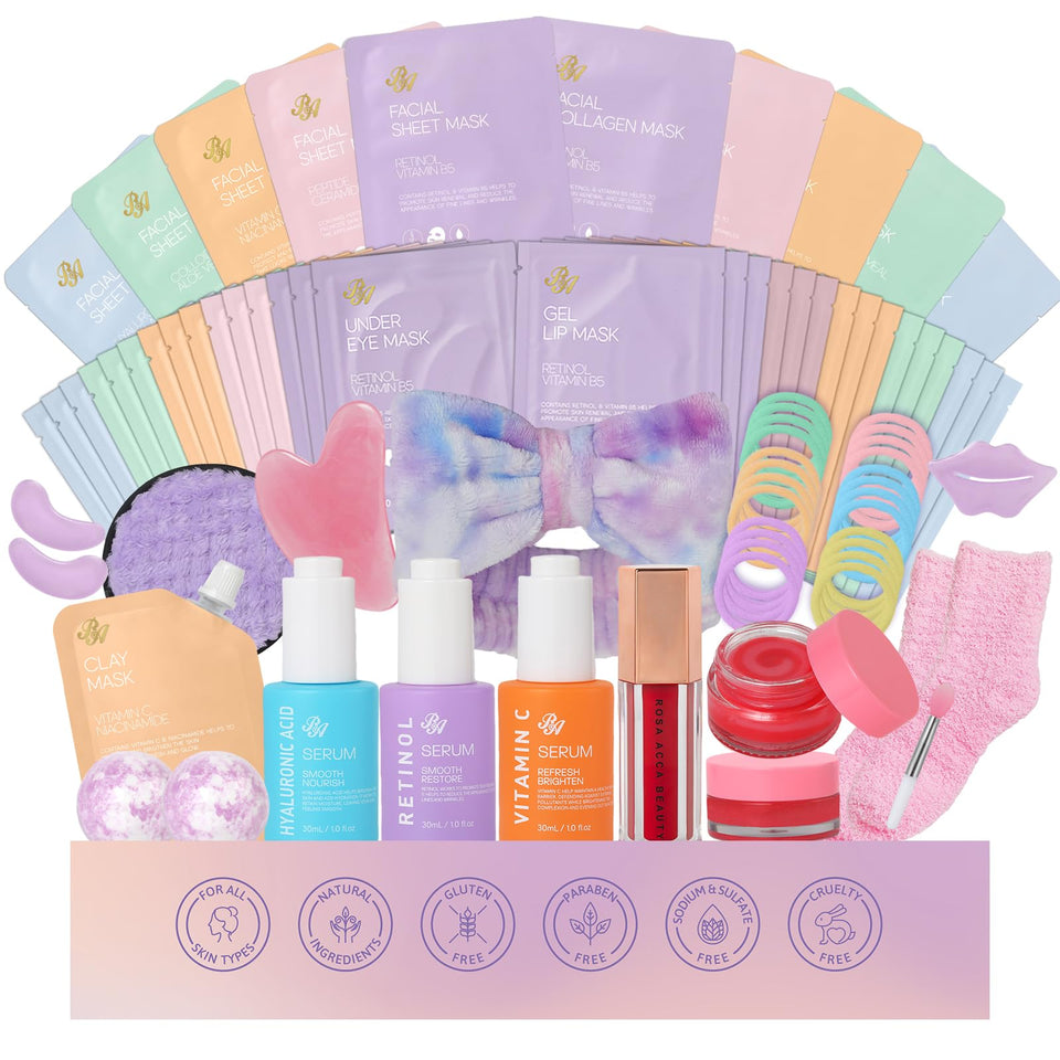 RA ROSA ACCA gift box displaying the 55-piece skincare set for a premium home spa experience