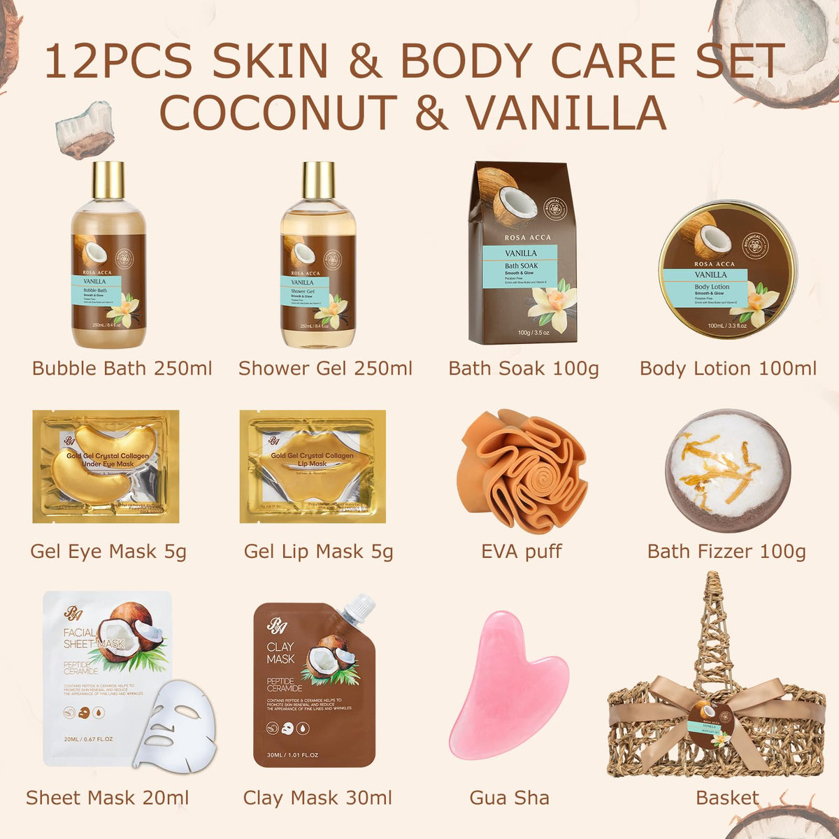 RA ROSA ACCA Vanilla Coconut Shower Gel offering a creamy cleanse with a comforting scent.