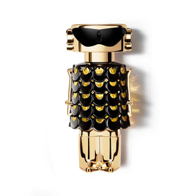 Rabanne Fame Parfum bottle close-up highlighting glossy black finish for evening allure.