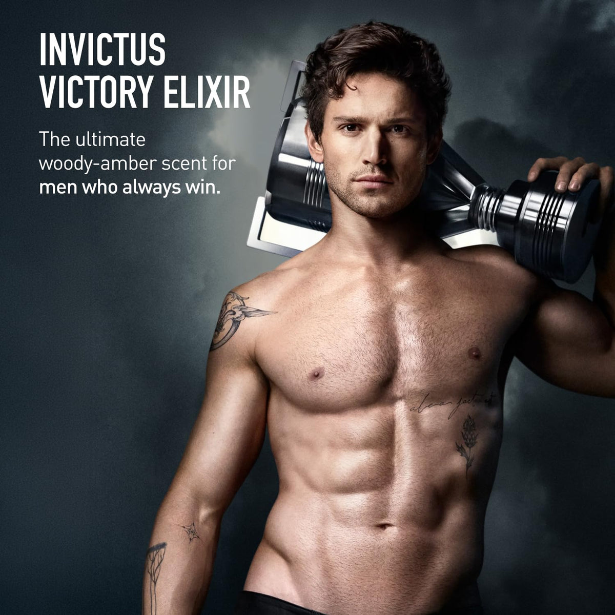 Rabanne Invictus Victory Elixir Parfum amber-woody notes highlight evening wear impression.