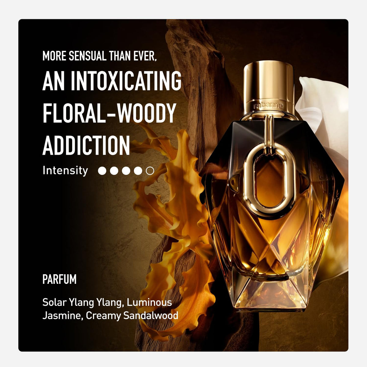 Rabanne Million Gold for Her bottle features metallic rose oxide detail