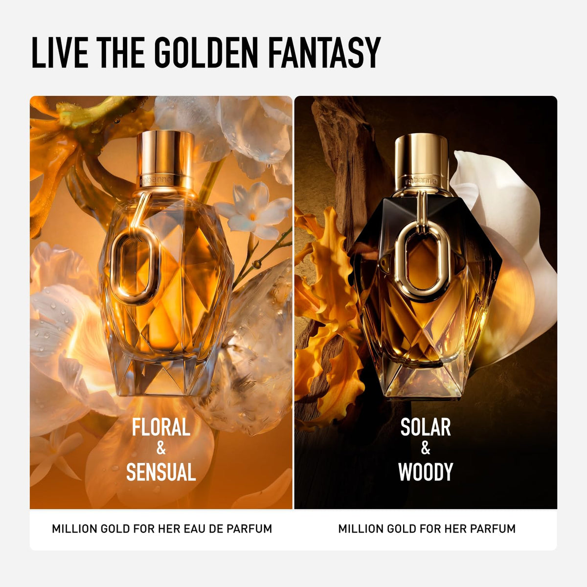 Rabanne Million Gold for Her floral notes with white flowers and sparkling rose.