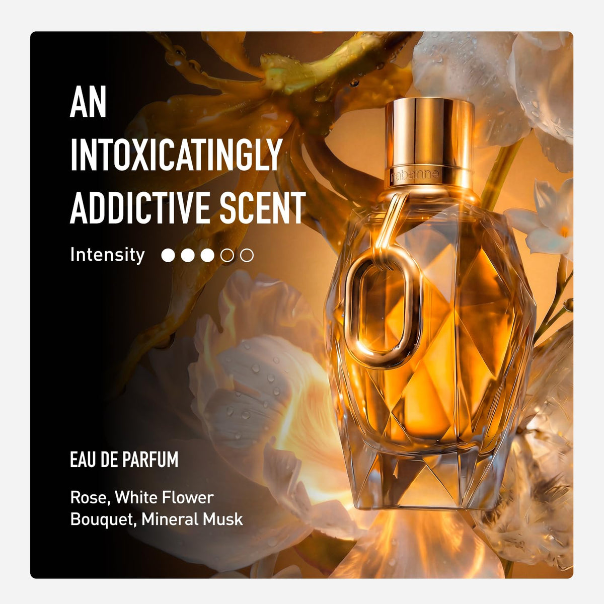 Rabanne Million Gold for Her EDP close-up emphasizes sparkling rose notes