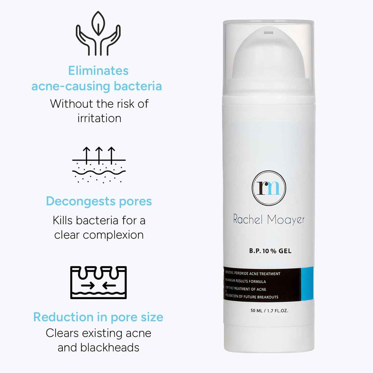 RM Benzoyl Peroxide Gel on facial skin for daily use by Rachel Moayer Skincare