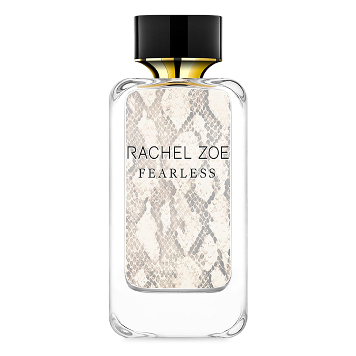Rachel Zoe Fearless bottle front view with bold snakeskin motif, stylish addition to vanity.