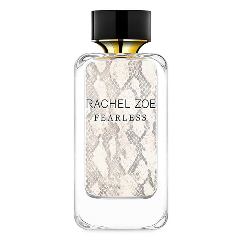 Rachel Zoe Fearless bottle front view with bold snakeskin motif, stylish addition to vanity.