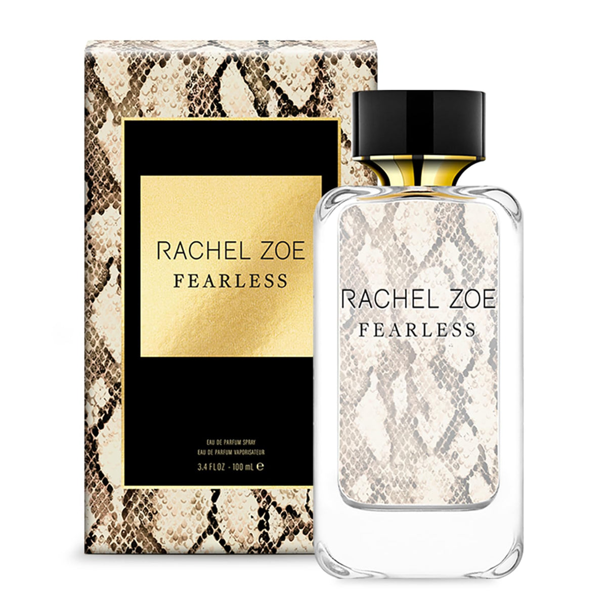 Close-up label on Rachel Zoe Fearless bottle highlights fragrance notes.